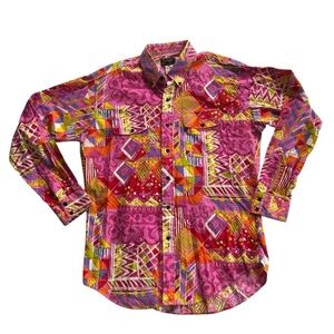 Vintage Men’s Western Rodeo Colorful Pattern Button Down Shirt Size L Long Tail